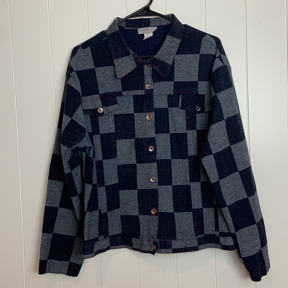 Love USA navy blue checkered Print button up denim shirt - Picture 2 of 6